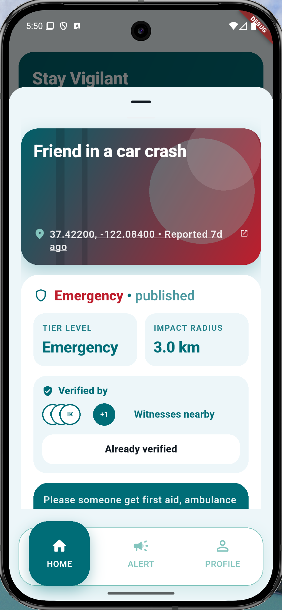 Alertly app screenshot showing an emergency alert details screen